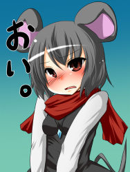 Rule 34 | 1girl, aki (akikaze asparagus), animal ears, blush, brown eyes, female focus, grey hair, looking at viewer, mouse ears, nazrin, red scarf, scarf, solo, tail, touhou, translated