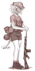 Rule 34 | 1girl, animal ears, assault rifle, backpack, bag, battle rifle, boots, cat ears, cat tail, ebifly, facepaint, fn fal, from side, furry, furry female, greyscale, gun, hat, holding, holding gun, holding weapon, looking at viewer, military, military uniform, monochrome, original, parted lips, pouch, rifle, shirt, shoes, short hair, short sleeves, shorts, simple background, socks, solo, standing, tail, twitter username, uniform, weapon, white background