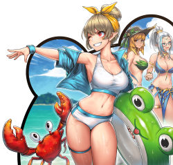 Rule 34 | 3girls, blonde hair, blue jacket, cain (gunnermul), crab, dungeon and fighter, green innertube, hair bun, highres, holding, holding swim ring, ikki the vikki, innertube, jacket, light brown hair, multiple girls, open mouth, outstretched hand, pointy ears, red eyes, shirt, short sleeves, shorts, smile, swim ring, swimsuit, teeth, thigh strap, water, white hair, white shirt, white shorts, wristband