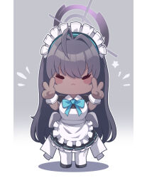 Rule 34 | 1girl, ahoge, apron, back bow, black dress, black footwear, black hair, blue archive, blue bow, blue bowtie, blush stickers, bow, bowtie, chibi, closed eyes, collared shirt, crossed bangs, double v, dress, frilled apron, frilled dress, frills, frown, fuyu no usagi, gradient background, hair between eyes, hair intakes, halo, hands up, highres, karin (blue archive), long hair, maid, maid headdress, notice lines, pantyhose, puffy short sleeves, puffy sleeves, purple halo, shadow, shirt, short sleeves, simple background, star (symbol), v, v-shaped eyebrows, very long hair, white apron, white bow, white pantyhose, white shirt, wrist cuffs