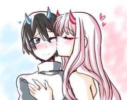 Rule 34 | 10s, 1boy, 1girl, black hair, blue eyes, blush, kissing cheek, couple, darling in the franxx, closed eyes, hand on another&#039;s chest, hetero, hiro (darling in the franxx), horns, kiss, long hair, one eye closed, oni horns, pink hair, pride-kun, red horns, short hair, zero two (darling in the franxx)