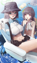 Rule 34 | 2girls, :d, absurdres, ahoge, belt, belt pouch, bikini, bikini bottom only, black belt, black hair, black headwear, blue archive, blue bikini, braid, breasts, bright pupils, bucket hat, cellphone, choker, commentary request, cropped jacket, ggoong (pooplambgoong22), green halo, grey halo, halo, hand up, hat, hat on back, highres, holding, holding phone, jacket, large breasts, leaf, leaf on head, leaf print, long hair, long sleeves, looking at another, looking at viewer, miyu (blue archive), miyu (swimsuit) (blue archive), multicolored clothes, multicolored jacket, multiple girls, navel, ocean, official alternate costume, on chair, open mouth, phone, pouch, purple hair, rash guard, reclining, red eyes, ribbon choker, saki (blue archive), saki (swimsuit) (blue archive), short hair, small breasts, smartphone, smile, stomach, straw hat, swimsuit, teeth, thighs, twin braids, two-tone jacket, upper teeth only, utility belt, v, white bikini, white halo, white pupils