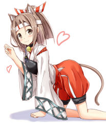 Rule 34 | 10s, 1girl, :3, aikawa ryou, all fours, animal ears, bell, neck bell, brown eyes, brown hair, cat ears, cat tail, choker, closed mouth, headband, heart, japanese clothes, jingle bell, kantai collection, long sleeves, looking at viewer, matching hair/eyes, muneate, paw pose, ponytail, red shorts, shorts, simple background, smile, solo, tail, tareme, white background, wide sleeves, zuihou (kancolle)