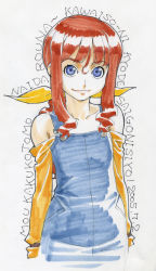 Rule 34 | 00s, 1girl, bare shoulders, blue eyes, brown hair, coyote ragtime show, drill hair, franca dochley, gorigo, hair ribbon, highres, off shoulder, overalls, ponytail, red hair, ribbon, simple background, smile, solo, traditional media