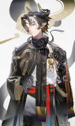 Rule 34 | 1boy, absurdres, arknights, black gloves, black hair, black jacket, chong yue (arknights), chouchouhei, closed mouth, commentary, cowboy shot, earrings, gloves, highres, horns, jacket, jewelry, long sleeves, looking at viewer, male focus, pointy ears, red eyes, shirt, solo, standing, white shirt