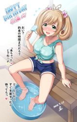 Rule 34 | 1girl, 3:, ahoge, bare arms, bare shoulders, barefoot, bench, blue shirt, blue shorts, blush, bow, breasts, brown hair, bucket, cleavage, clothes writing, collarbone, commentary request, dated, food, from above, full body, green eyes, hair between eyes, hair bow, happy birthday, heart, heart ahoge, highres, holding, holding food, hot, idolmaster, idolmaster cinderella girls, large breasts, looking at viewer, medium hair, midriff, nose blush, on bench, open mouth, pink bow, popsicle, sato shin, shirt, shorts, sidelocks, signature, sitting, sleeves pushed up, soaking feet, solo, sparkle, star (symbol), summer, sweat, swept bangs, talking, tareme, taut clothes, taut shirt, tied shirt, translation request, twintails, water, yoohi