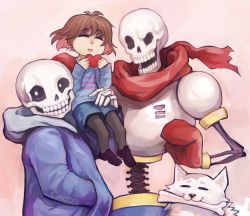 Rule 34 | 2boys, :3, androgynous, annoying dog, armor, artist name, black sclera, bone, brown hair, closed eyes, colored sclera, dog, frisk (undertale), gloves, grin, hand in pocket, heart, hood, hoodie, looking at viewer, mouth hold, multiple boys, open mouth, papyrus (undertale), red gloves, red scarf, sans (undertale), scarf, shorts, sitting on arm, skeleton, smile, striped clothes, striped sweater, sweater, undertale, yowamushi-chan (choctopi)