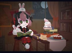 Rule 34 | 1girl, 3d, animal, animal on book, animal on head, animal on lap, black border, black footwear, black hair, black jacket, black necktie, book, bookshelf, border, bow, cake, chair, cherry, child, cloud, collared shirt, colored skin, crea flankenstein, curtains, food, fruit, full moon, funamusea, green pupils, jacket, light blush, looking at animal, looking to the side, low poly, moon, multicolored hair, necktie, night, night sky, note, object through head, on head, on lap, pink hair, plate, rabbit, red bow, red curtains, red shirt, red thighhighs, screw in head, shirt, sitting, sky, smile, stitched face, stitches, streaked hair, striped clothes, striped shirt, striped thighhighs, symbol-shaped pupils, table, thighhighs, untied footwear, white skin, window, wooden chair, wooden floor, woooh, zombie