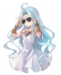 Rule 34 | &gt;:), 1girl, achan (blue semi), adjusting eyewear, adjusting glasses, ahoge, aviator sunglasses, blue hair, choker, closed mouth, dress, granblue fantasy, hands up, highres, long hair, looking at viewer, lyria (granblue fantasy), parted bangs, simple background, sleeveless, sleeveless dress, smile, smug, solo, sparkle, sunglasses, tinted eyewear, twitter username, white background, white dress