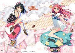 Rule 34 | 2girls, :d, absurdres, aircraft, black hair, blush, cloud, dirigible, dress, feet, hair ribbon, hands on own cheeks, hands on own face, highres, hot air balloon, kantoku, kurumi (kantoku), legs, long hair, multiple girls, one side up, open mouth, original, outstretched arms, pink eyes, plaid, plaid skirt, red hair, ribbon, sandals, scan, shizuku (kantoku), shoes, short twintails, side ponytail, sitting, skirt, smile, spread arms, toes, twintails, two side up, white dress
