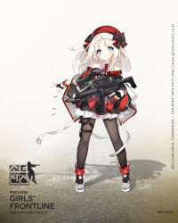 Rule 34 | 1girl, ankle boots, beret, black gloves, black pantyhose, blonde hair, blue eyes, blush, boots, braid, character name, cloak, closed mouth, collared dress, dress, expressionless, fingerless gloves, floating hair, full body, girls&#039; frontline, gloves, gun, h&amp;k mp5, hat, heckler &amp; koch, highres, holding, holding gun, holding weapon, holster, logo, long hair, looking at viewer, mod3 (girls&#039; frontline), mp5 (girls&#039; frontline), mp5 (mod3) (girls&#039; frontline), necktie, off shoulder, official alternate costume, official art, outstretched arm, pantyhose, ribbon, saru, serious, sidelocks, sleeveless, sleeveless dress, solo, submachine gun, thigh holster, thigh strap, trigger discipline, weapon, white hair, wind