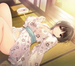 Rule 34 | 1girl, absurdres, aoyama sumika, bra, breasts, brown eyes, brown hair, cleavage, coffee-kizoku, day, floral print, hand fan, highres, japanese clothes, kimono, lying, medium breasts, on back, open clothes, open kimono, original, panties, parted lips, print kimono, short hair, short kimono, solo, underwear, white bra, white kimono, white panties