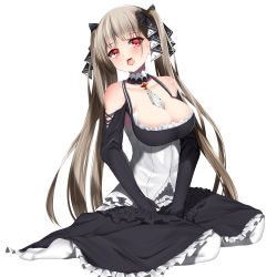 Rule 34 | 1girl, azur lane, bare shoulders, between breasts, between legs, black dress, black gloves, blush, breasts, brown hair, cleavage, collarbone, dress, formidable (azur lane), frilled dress, frills, full body, gem, gloves, hair ornament, hair ribbon, hand between legs, highres, large breasts, long hair, looking at viewer, m-&gt;g, no shoes, open mouth, red eyes, ribbon, simple background, sitting, solo, twintails, two-tone dress, two-tone ribbon, wariza, white background