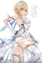 Rule 34 | 1girl, absurdres, armpits, blonde hair, breasts, commentary request, dress, duplicate, eyes visible through hair, flower, genshin impact, hair between eyes, hair flower, hair ornament, hand on own hip, highres, looking at viewer, lumine (genshin impact), open mouth, pixel-perfect duplicate, pottsness, simple background, thighs, translated, white dress, yellow eyes