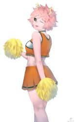 Rule 34 | 10s, 1girl, ;p, arm behind back, ashido mina, back, bad id, bad pixiv id, bare arms, bare legs, bare shoulders, black sclera, boku no hero academia, cheerleader, choker, colored sclera, colored skin, cowboy shot, crop top, cropped shirt, dated, drawrepulser, from behind, hand up, highres, holding, holding pom poms, horns, kneepits, looking at viewer, looking back, messy hair, midriff, miniskirt, one eye closed, pink hair, pink skin, pom pom (cheerleading), shirt, short hair, signature, simple background, skirt, sleeveless, sleeveless shirt, solo, tongue, tongue out, walking, white background, yellow eyes