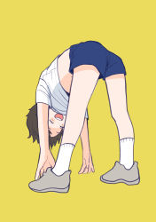 Rule 34 | 1boy, :d, absurdres, ass, bent over, child, closed eyes, highres, legs apart, male focus, open mouth, original, piko (pixiv), short shorts, shorts, simple background, smile, solo, standing, yellow background