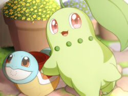 Rule 34 | :d, character print, chikorita, commentary request, creatures (company), day, game freak, gen 1 pokemon, gen 2 pokemon, grass, highres, looking back, monaka (hc pkmn), nintendo, open mouth, outdoors, plant, pokemon, potted plant, red eyes, smile, squirtle, tongue, watering can