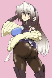 Rule 34 | 1girl, android, artist request, ass, blue eyes, bodysuit, breasts, headgear, horizon ariadust, huge ass, kyoukaisenjou no horizon, large breasts, long hair, looking at viewer, open mouth, pantyhose, parted lips, shiny clothes, sideboob, silver hair, solo, very long hair