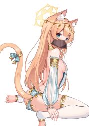 Rule 34 | 1girl, absurdres, alternate costume, animal ear fluff, animal ears, ass, blue archive, blue eyes, breasts, cat ears, cat tail, closed mouth, dancer, halo, highres, long hair, looking at viewer, mari (blue archive), mouth veil, orange hair, rinringyo, see-through, see-through sleeves, shoes, sideboob, simple background, sitting, small breasts, solo, tail, thighhighs, veil, wariza, white background, white thighhighs, yellow halo