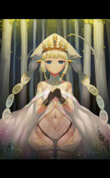 Rule 34 | 1girl, absurdres, artist name, bare shoulders, black gloves, blonde hair, blue eyes, braid, breasts, character request, english text, fingerless gloves, forest, gloves, haapi jang p, hat, highres, looking at viewer, medium breasts, nature, navel, outdoors, own hands together, parted lips, pillarboxed, shen wu yue, solo, standing, tree, white hat