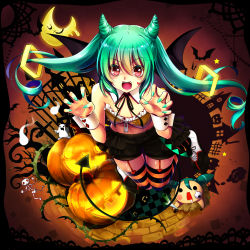 Rule 34 | absurdres, alternate eye color, blue hair, blue nails, claw pose, claws, demon girl, fingernails, ghost, hachune miku, halloween, halloween costume, hands up, hatsune miku, highres, horns, jack-o&#039;-lantern, knees together feet apart, long fingernails, long hair, nail polish, open mouth, red eyes, sharp fingernails, short shorts, shorts, spring onion, striped clothes, striped thighhighs, thighhighs, very long hair, vocaloid