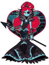 Rule 34 | 1girl, blue skin, colored skin, dress, eyepatch, fang, female focus, fish girl, full body, highres, long hair, polearm, red hair, rotodisk, solo, spear, undertale, undyne, weapon, white background