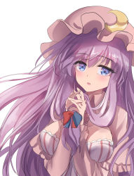 Rule 34 | 1girl, blue eyes, breasts, capelet, cleavage, crescent, crescent pin, dress, hat, highres, large breasts, long hair, mob cap, namiki (remiter00), open mouth, own hands clasped, own hands together, patchouli knowledge, pink capelet, pink hat, purple hair, simple background, solo, striped clothes, striped dress, touhou, upper body, white background