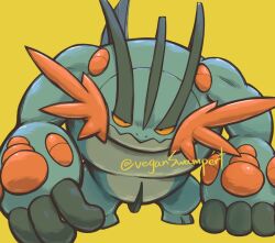 Rule 34 | artist name, blue skin, colored skin, creatures (company), game freak, gen 3 pokemon, highres, mega pokemon, mega swampert, muscular, nintendo, no humans, open mouth, pokemon, pokemon (creature), serious, sharp teeth, solo, swampert, teeth, veganswampert, yellow background