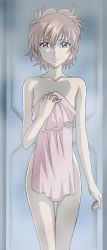 Rule 34 | 00s, 1girl, arm at side, breasts, collarbone, covering breasts, covering privates, green eyes, gundam, gundam seed, gundam seed destiny, hanzou, lacus clyne, looking at viewer, naked towel, nude, nude cover, pink hair, short hair, solo, standing, thigh gap, towel