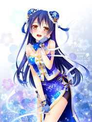 Rule 34 | 10s, 1girl, bike shorts, blue dress, blue gloves, blue hair, blush, brown eyes, character name, china dress, chinese clothes, choker, copyright name, double bun, dress, fingerless gloves, gloves, grandia bing, hair ornament, happy, long hair, looking at viewer, love live!, love live! school idol festival, love live! school idol project, open mouth, ribbon, solo, sonoda umi, strapless, strapless dress, third-party source, white ribbon