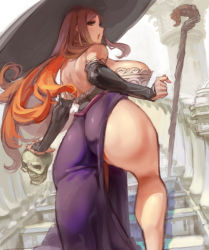 Rule 34 | 1girl, ass, bare shoulders, breasts, brown eyes, brown hair, dragon&#039;s crown, from behind, huge ass, huge breasts, kazo (kazozakazo), long hair, looking at viewer, looking back, skull, solo, sorceress (dragon&#039;s crown), staff, thick thighs, thighs