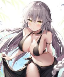 Rule 34 | 1girl, absurdres, ahoge, ale nqki, bare shoulders, bikini, black bikini, blush, bracelet, braid, breasts, cleavage, closed mouth, fate/grand order, fate (series), heroic spirit festival outfit, highres, jeanne d&#039;arc (fate), jeanne d&#039;arc alter (fate), jeanne d&#039;arc alter (festival outfit) (fate), jewelry, large breasts, long hair, looking at viewer, necklace, official alternate costume, pale skin, sarong, silver hair, solo, sunlight, swimsuit, thighs, very long hair, yellow eyes
