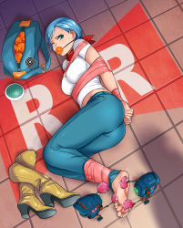 Rule 34 | 1girl, abduction, absurdres, ass, ball gag, barefoot, bdsm, belly, blue eyes, blue hair, bondage, bound, bound ankles, bound wrists, breasts, bulma, cleavage, denim, dragon ball, dragon ball (object), dragon ball super, dragon radar, earrings, feet, gag, gagged, highres, improvised gag, jeans, jewelry, kidnapped, lipstick, lost one zero, makeup, navel, one eye closed, pants, scarf, shadow, shirt, shoes, unworn shoes, sweat, tape, tape bondage, tickling, toes, white shirt