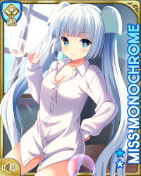 Rule 34 | 1girl, barefoot, blouse, blue eyes, blunt bangs, bottomless, card, character name, closed mouth, day, dress shirt, girlfriend (kari), indoors, miss monochrome, miss monochrome (character), official art, qp:flapper, shirt, smile, solo, standing, tagme, twintails, white hair, white shirt, window