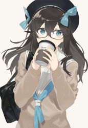 Rule 34 | 1girl, bag, beret, black-framed eyewear, black hair, black hat, blue bow, blue eyes, blue neckerchief, bow, cardigan, commentary request, cup, disposable cup, drinking, glasses, grey background, hair between eyes, hands up, hat, hat bow, hayashi kewi, holding, long hair, long sleeves, looking at viewer, neckerchief, original, school bag, school uniform, serafuku, simple background, solo, sweater