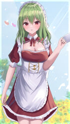Rule 34 | 1girl, absurdres, alternate costume, aohane, apron, arm at side, blush, bow, breasts, cleavage, cleavage cutout, clothing cutout, commentary request, commission, cup, dress, enmaided, flower, frills, green hair, heart, highres, holding, holding cup, kazami yuuka, long hair, looking at viewer, maid, maid apron, maid headdress, medium breasts, outdoors, red bow, red dress, red eyes, short sleeves, skeb commission, sky, solo, standing, sunflower, touhou, tree, white apron