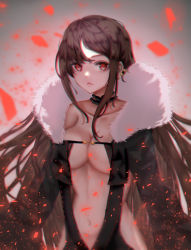 Rule 34 | 1girl, bad id, bad pixiv id, breasts, brown hair, center opening, choker, chromatic aberration, cleavage, ear piercing, fangs, fate/grand order, fate (series), fur collar, glitch, grey background, hair between eyes, highres, large breasts, long hair, looking at viewer, navel, piercing, revealing clothes, rory, sidelocks, simple background, upper body, yu mei-ren (fate)