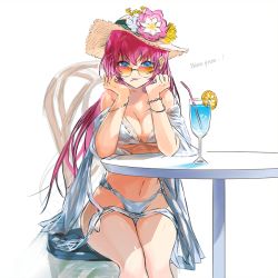 Rule 34 | 1girl, azur lane, bikini, blue eyes, bracelet, breasts, chair, cleavage, closed mouth, comaza, commentary request, drinking straw, flower, french text, hat, hat flower, jewelry, large breasts, long hair, looking at viewer, looking over eyewear, looking over glasses, md5 mismatch, navel, orange-tinted eyewear, orange-tinted glasses, red hair, simple background, sitting, smile, solo, stomach, straw hat, sun hat, sunglasses, surcouf (azur lane), surcouf (loisirs balneaires) (azur lane), swimsuit, table, tinted eyewear, tropical drink, white background, white bikini