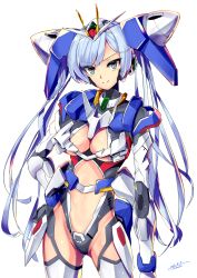 Rule 34 | 00 gundam, 1girl, blue hair, gundam, gundam 00, hand on own hip, highres, i.takashi, looking at viewer, mecha musume, personification, solo, twintails, v-fin, v-shaped eyebrows, white background