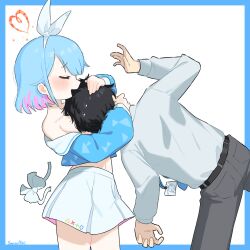 1boy 1girl absurdres arona_(blue_archive) artist_name bare_shoulders black_pants blue_archive blue_border blue_hair blush border bow_hairband closed_eyes doodle_sensei_(blue_archive) hairband heart hetero highres hug id_card lanyard long_sleeves miniskirt no_halo off_shoulder open_mouth pants pink_hair sailor_collar sanso_aki school_uniform sensei_(blue_archive) serafuku shirt short_hair skirt smile white_background white_hairband white_sailor_collar white_shirt white_skirt