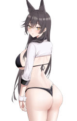 Rule 34 | 1girl, :o, absurdres, animal ear fluff, animal ears, ass, atago (azur lane), atago (stunning speedster) (azur lane), azur lane, back, bikini, black bikini, black hair, breasts, dog ears, from behind, highres, kirin3145, large breasts, long hair, looking at viewer, looking back, mole, mole under eye, shrug (clothing), simple background, solo, straight hair, swimsuit, very long hair, white background, wrist cuffs, yellow eyes