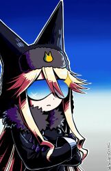 Rule 34 | 1girl, absurdres, black gloves, blonde hair, commentary, crossed arms, dress, english commentary, frown, funamusea, fur-trimmed dress, fur hat, fur trim, gloves, hat, hat with ears, head-mounted display, highres, kaibootsu, long hair, mogeko castle, mogekov, signature, solo, upper body, ushanka