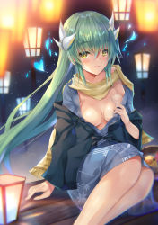 Rule 34 | 1girl, blue fire, breasts, commentary request, dragon girl, dragon horns, fate/grand order, fate (series), fire, green hair, heart, heroic spirit traveling outfit, highres, horns, inoue takuya (tactactak), jacket, japanese clothes, kimono, kiyohime (fate), kiyohime (traveling outfit) (fate), lantern, long hair, medium breasts, rubber duck, scarf, sitting, smile, solo, undressing, very long hair, yellow eyes