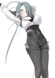 Rule 34 | 1girl, absurdres, arms up, black necktie, blue archive, blue hair, blush, breasts, closed mouth, collared shirt, commentary, eyewear on head, gloves, grey gloves, grey pants, hair over one eye, halo, highres, large breasts, long hair, long sleeves, looking at viewer, mina (blue archive), necktie, pants, pink eyes, prossss, shirt, simple background, smile, solo, sparkle, standing, white background, white shirt