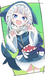 Rule 34 | 1girl, :d, blue eyes, blue jacket, blush, fins, fish tail, gawr gura, gawr gura (1st costume), hololive, hololive english, hood, hooded jacket, ixy, jacket, looking at viewer, open mouth, shark tail, sharp teeth, smile, solo, tail, teeth, thighs, two-tone background, upper teeth only, virtual youtuber