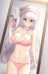 Rule 34 | 1girl, absurdres, arm at side, bare shoulders, bed, bra, breasts, cellphone, cleavage, closed mouth, collarbone, commentary request, dutch angle, glasses, green eyes, highres, holding, holding phone, irochan, large breasts, long hair, mirror, navel, original, panties, phone, pink bra, pink panties, reflection, selfie, smartphone, smile, solo, standing, underwear, underwear only, very long hair, white hair, white headwear