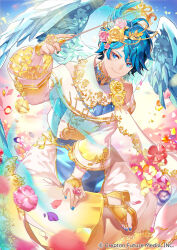 Rule 34 | 1boy, ahoge, baggy pants, blue eyes, blue hair, blue nails, blue wings, commentary request, crossed legs, falling petals, feathered wings, flower, hair ornament, hatsune miku graphy collection, highres, kaito (vocaloid), looking at viewer, male focus, musical note, official art, pants, petals, pink flower, purple flower, sandals, sawashi (ur-sawasi), short hair, sitting, smile, sparkle, vocaloid, wings, yellow flower, yellow pants