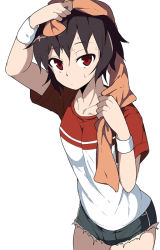 Rule 34 | 1girl, brown hair, closed mouth, collarbone, female focus, looking at viewer, red eyes, ring dream, shirt, short hair, short sleeves, shorts, simple background, solo, sweat, t-shirt, tanaka eriko, tori0714, towel, wet, white background