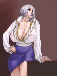 Rule 34 | 1girl, alternate costume, blue eyes, breasts, casual, cleavage, downblouse, covered erect nipples, eyeshadow, hair over one eye, hand on own hip, highres, huge breasts, isabella valentine, lipstick, makeup, nail polish, nikcesco, no bra, purple lips, sagging breasts, short hair, silver hair, skirt, solo, soul calibur