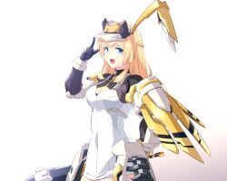 Rule 34 | 1girl, alice gear aegis, arm behind back, blonde hair, blue eyes, braid, breasts, cleavage, cleavage cutout, clenched hand, clothing cutout, commentary, crown braid, dress, from side, gloves, highres, holding, ishiyumi, long hair, mecha musume, medium breasts, merabuchi kanami, open mouth, pointing, solo, visor cap, white dress